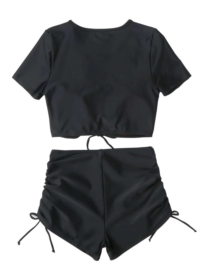 Lilosy High Waisted Tummy Control Drawstring Bikini Set Srting Swimsuit Short Sleeve Top and Tie Side Shorts 2 Piece Women Bathing Suit Black 2# Medium - Image 3