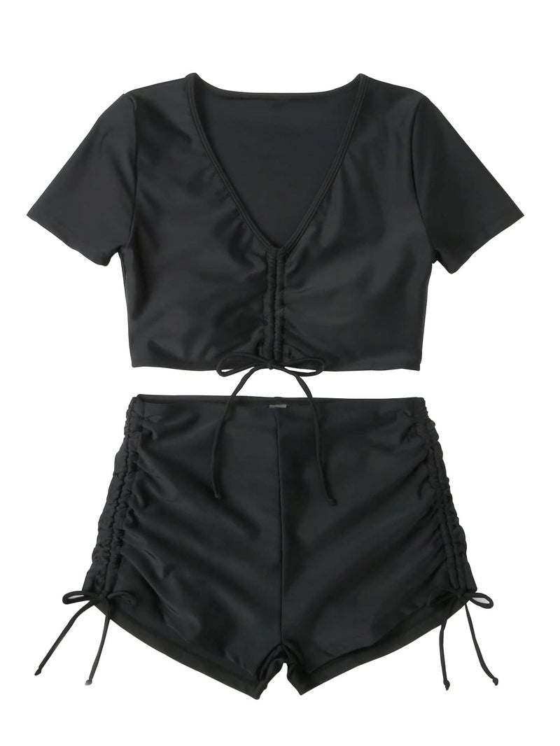 Lilosy High Waisted Tummy Control Drawstring Bikini Set Srting Swimsuit Short Sleeve Top and Tie Side Shorts 2 Piece Women Bathing Suit Black 2# Medium - Image 2