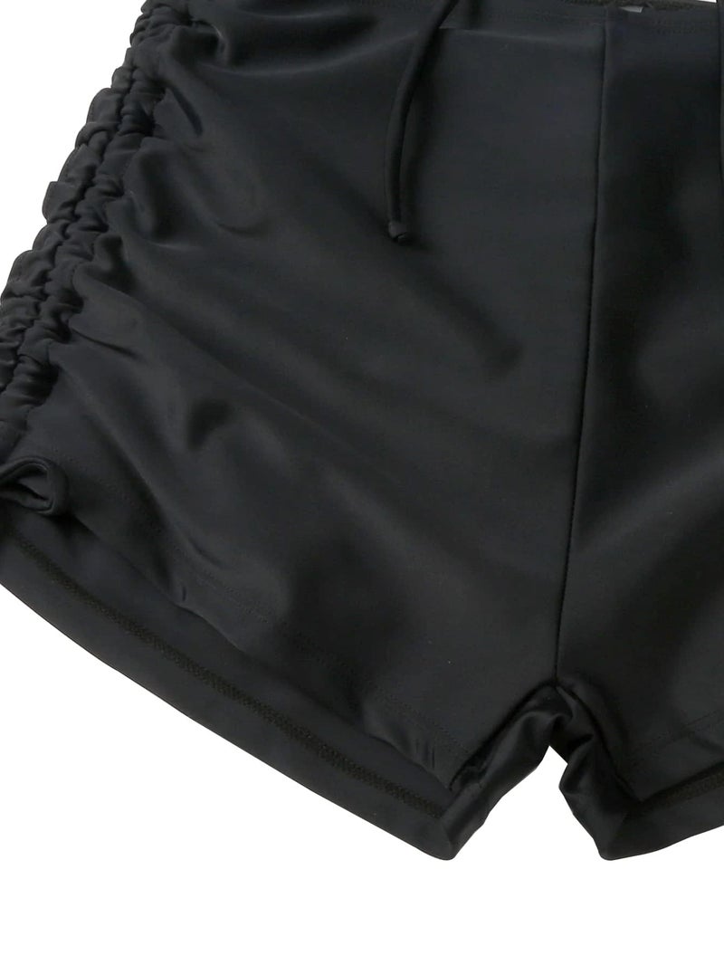 Lilosy High Waisted Tummy Control Drawstring Bikini Set Srting Swimsuit Short Sleeve Top and Tie Side Shorts 2 Piece Women Bathing Suit Black 2# Medium - Image 5