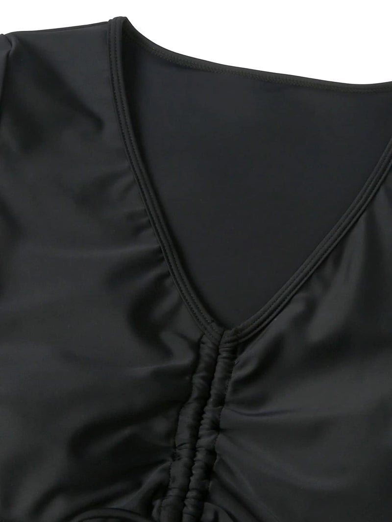 Lilosy High Waisted Tummy Control Drawstring Bikini Set Srting Swimsuit Short Sleeve Top and Tie Side Shorts 2 Piece Women Bathing Suit Black 2# Medium - Image 4