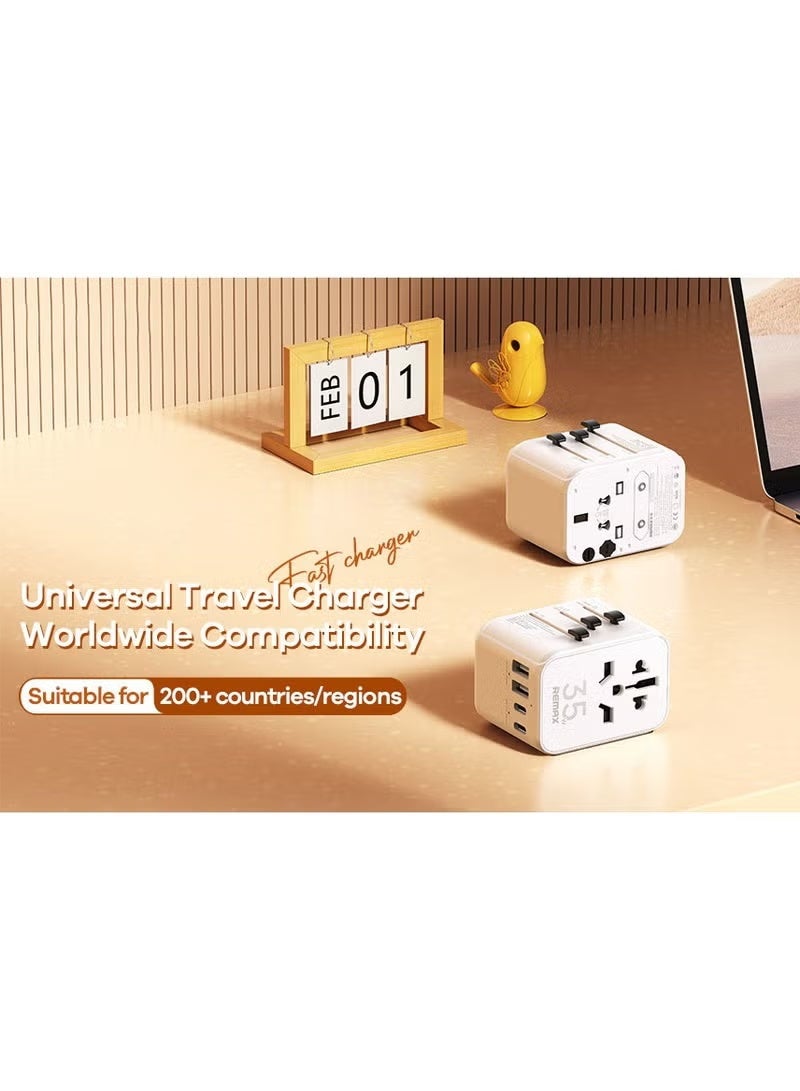 ريماكس محول سفر عالمي GaN متعدد المنافذ 35 وات / 3 منافذ من النوع C / 2 منفذ USB-A / شحن سريع / شحن سريع / آمن للاستخدام / مضاد للحرارة / مقبس من قطعة واحدة لأكثر من 200 دولة / منطقة، تقنية GaN حقيقية 35 وات، متوافق مع أجهزة Apple Samsung وما إلى ذلك وأجهزة الكمبيوتر المحمولة اللوحية باللون الأبيض - Image 5