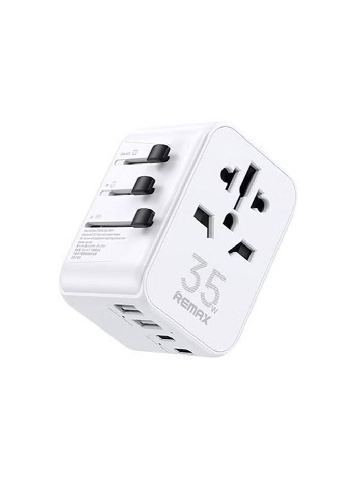 Universal GaN Travel Adapter Multi-Port 35W/ 3 Type-C Ports/2 USB-A Ports/ Fast Charging/ Fast Charging/ Safe to Use/ Anti-heat/, One-piece Socket for More Than 200 Countries/Regions, Real 35W GaN Technology, Compatible with Apple Samsung etc. and Tablet Laptops White