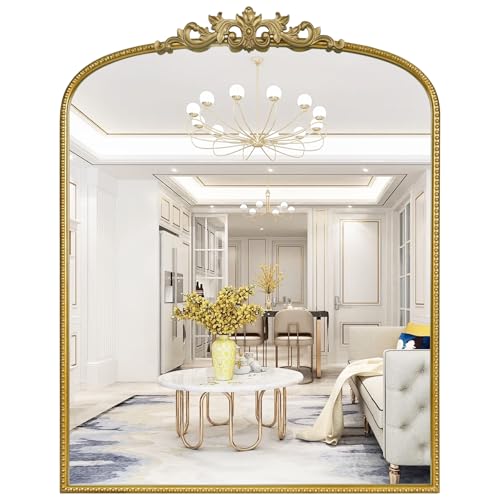 WallBeyond Gold Vintage Mirror for Vanity 28x36 Inch Gold Antique Mirror with Ornate Frame Arched Vintage Wall Mirror for Bathroom Living Room Fireplace Entryway