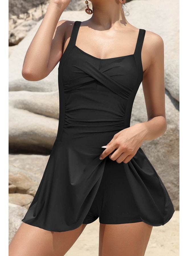 SHEKINI Women Retro One Piece Skirt Swimsuit Ruched Crossover Swimdress Bathing Suit (Black, Large) - Image 4