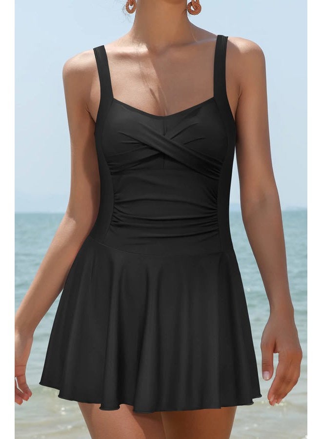 SHEKINI Women Retro One Piece Skirt Swimsuit Ruched Crossover Swimdress Bathing Suit (Black, Large) - Image 2
