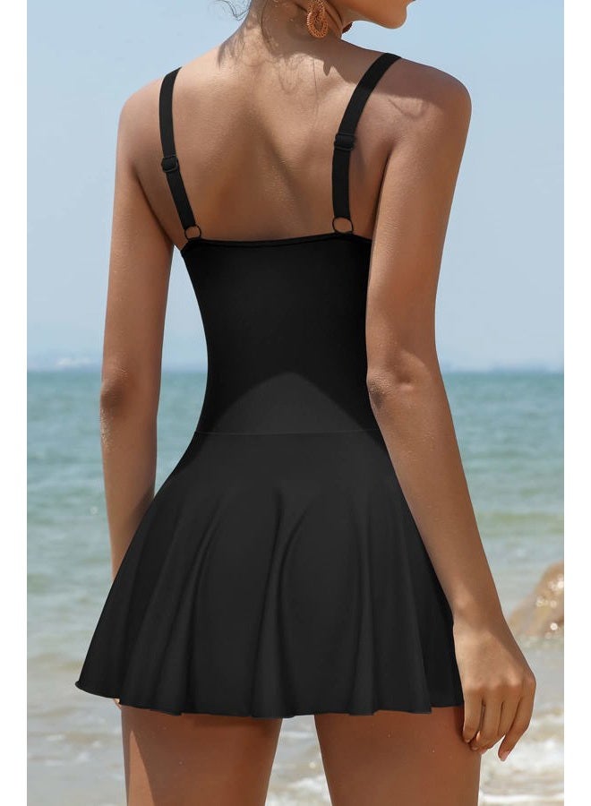 SHEKINI Women Retro One Piece Skirt Swimsuit Ruched Crossover Swimdress Bathing Suit (Black, Large) - Image 3