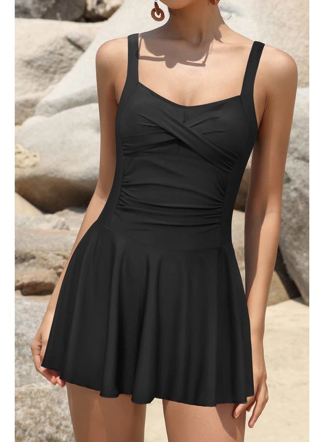 SHEKINI Women Retro One Piece Skirt Swimsuit Ruched Crossover Swimdress Bathing Suit (Black, Large) - Image 5