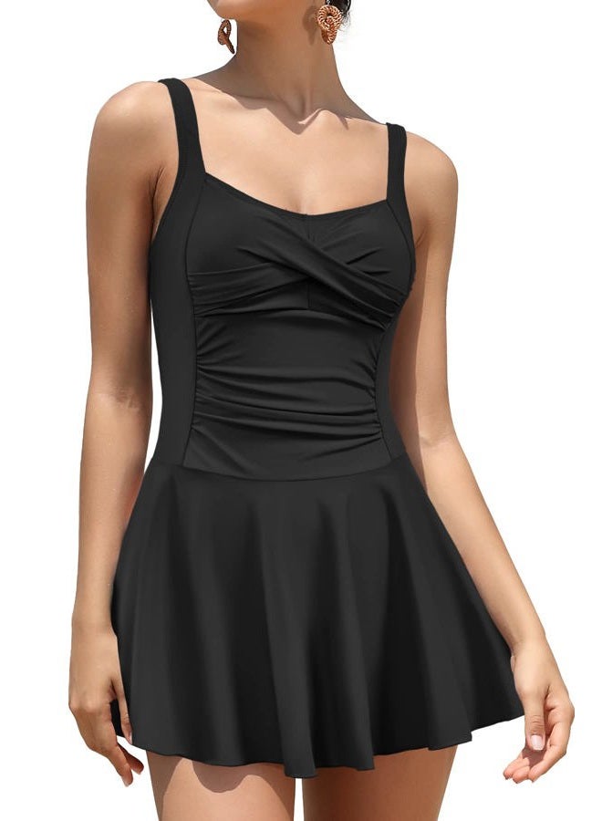SHEKINI Women Retro One Piece Skirt Swimsuit Ruched Crossover Swimdress Bathing Suit (Black, Large) - Image 1