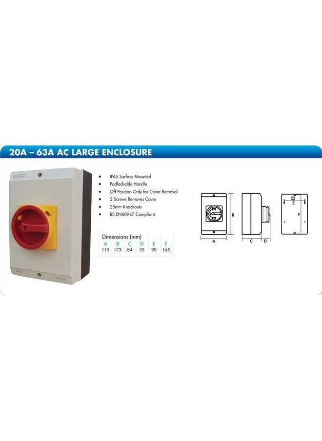 ESR - Large Electrical Switch Rotary Isolator 4 Pole 63A IP65 Enclosure Surface Mounted Lockable Box 4P 63 Amp E634P - Image 1