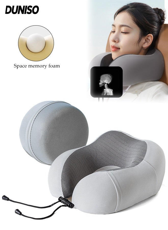 DUNISO Travel Pillow for Airplane Memory Foam Neck Pillow Neck with Storage Carry Bag， Support to Relieve Neck Tension Lightweight Compact Breathable Flight Pillow Comfortable U-shaped Pillow for Airplane Car Office Home Travel Camping - Image 1