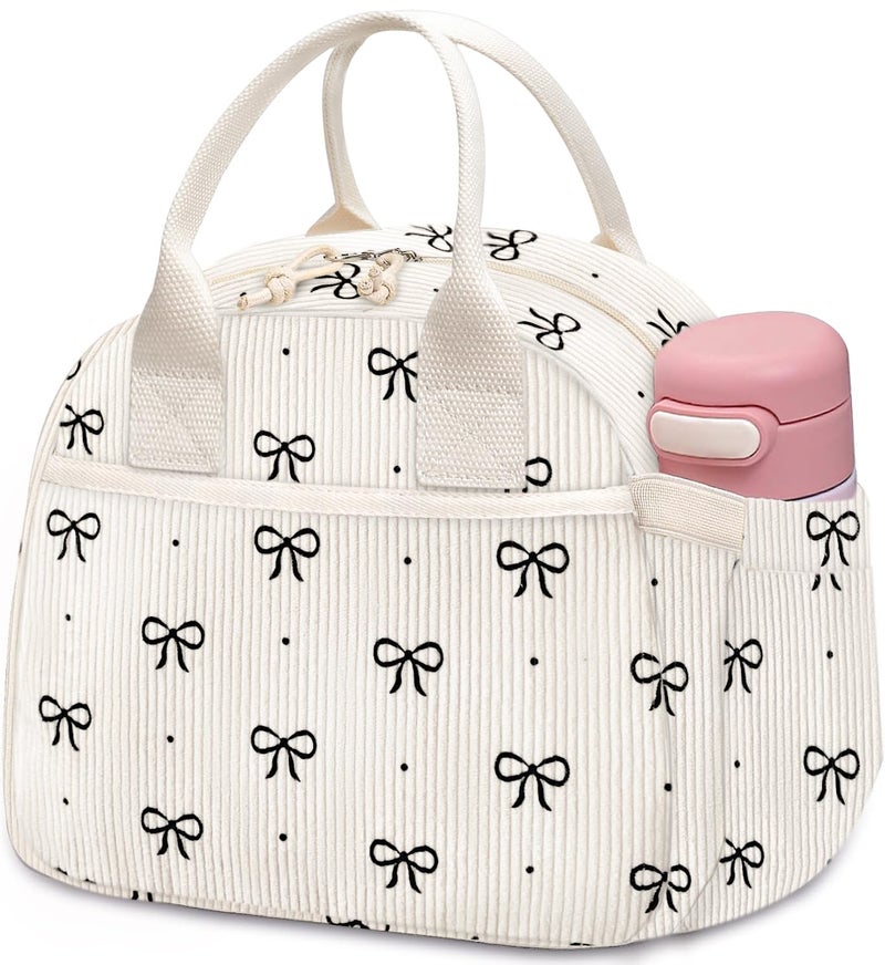 Carry bloom Lunch Box for Women, Insulated Lunch Bag Cute Corduroy Lunchbag Reusable Lunchbox for Work (cute black bow) - Image 1