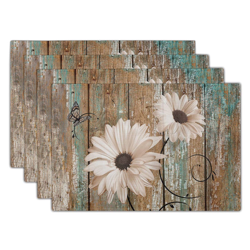 Giwawa Giwawa Rustic Daisy Board Placemats White Sunflowers on Vintage Wood Plank Linen Table Place Mat Farmhouse Wooden NonSlip Heat Resistant Table Mats for Dining Kitchen Cabin Lodge Decor 