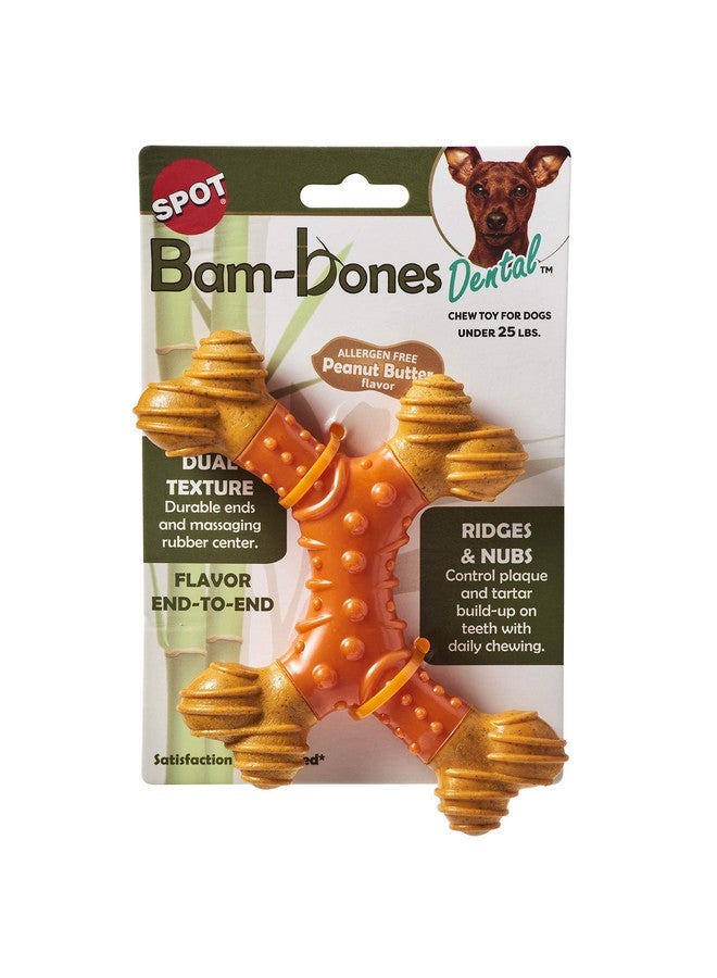 سبوت عظمة الأسنان بام بونز إكس بون - مصنوعة من ألياف الخيزران ومركز مطاطي للتدليك، مضغ متين للعناية بالفم للكلاب التي تمضغ بشكل خفيف والجراء التي تنمو أسنانها أقل من 25 رطلاً، 6 بوصات خالية من المواد المسببة للحساسية بنكهة زبدة الفول السوداني - Image 1