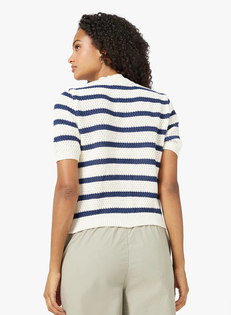 جينجر Knitted Stripe Sweater with Gold Accent