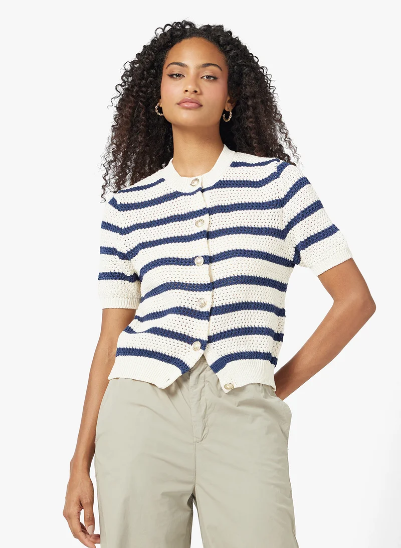 جينجر Knitted Stripe Sweater with Gold Accent