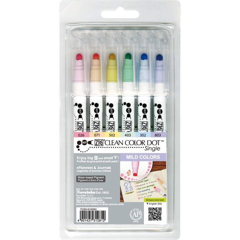 Kuretake CLEAN COLOR DOT Single Mild 6 colors set, Flexible dot tip marker, for Journals, Crafts, Illustration, Lettering, Planners, Made in Japan - Image 1