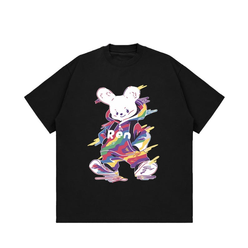 American Retro Hip Hop Rabbit Short-sleeved T-shirt for Men and Women Spring and Summer 2024 New Ins Design Sense Loose Half-sleeved Top - Image 1