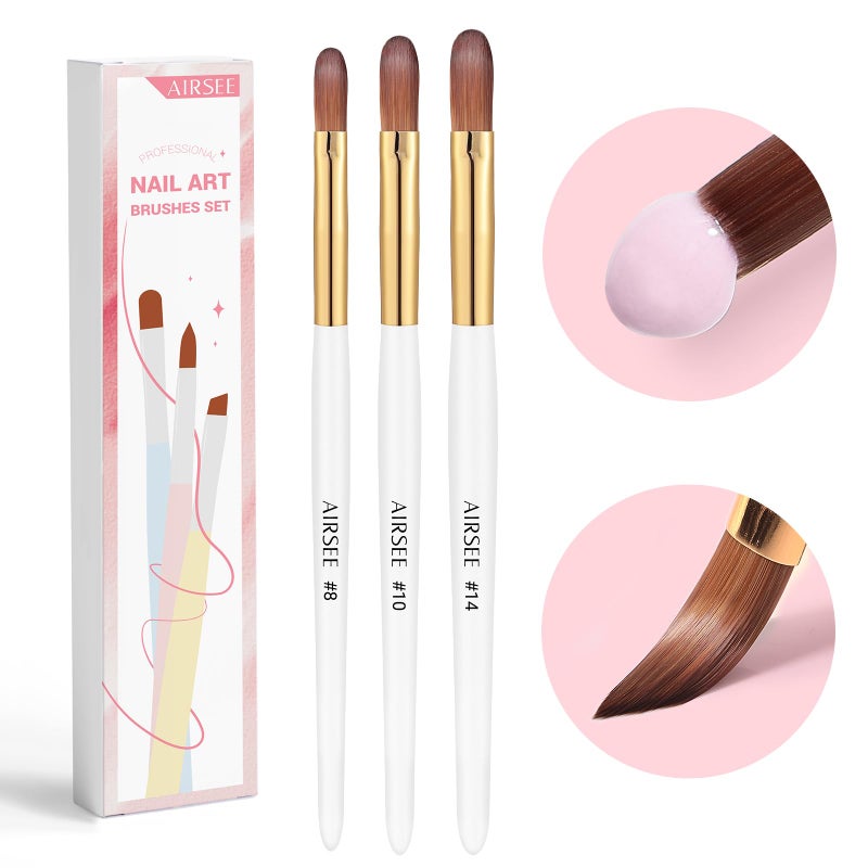 AIRSEE 3PCS Acrylic Nail Brush Set, Size 8/10/14 for Beginner & Professional Use for Acrylic Powder, Nail Art Extension & 3D Carving, 3A+ Nylon, DIY Salon Home, White - Image 1