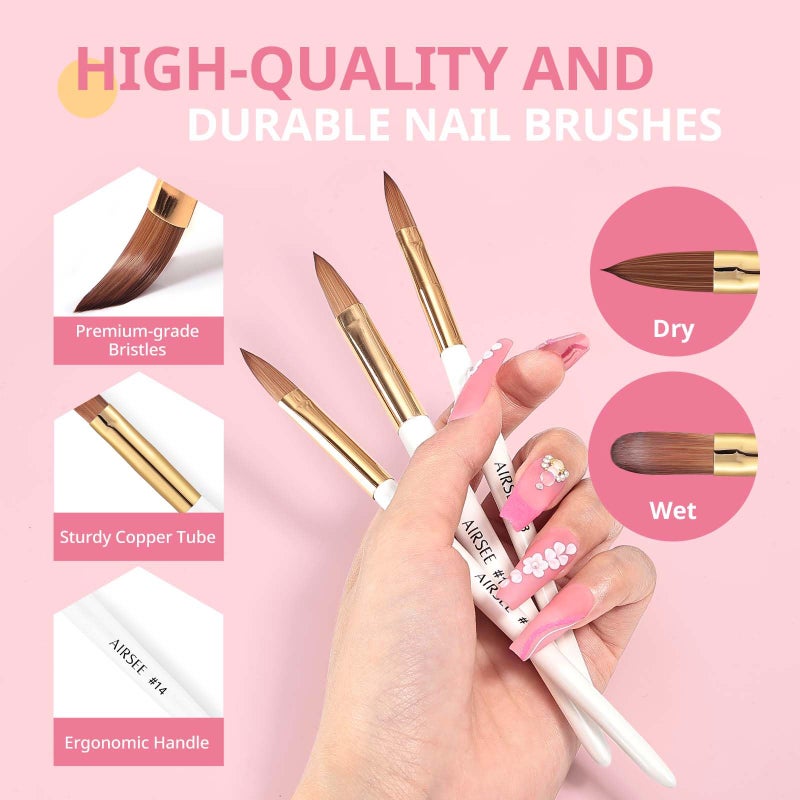AIRSEE 3PCS Acrylic Nail Brush Set, Size 8/10/14 for Beginner & Professional Use for Acrylic Powder, Nail Art Extension & 3D Carving, 3A+ Nylon, DIY Salon Home, White - Image 2