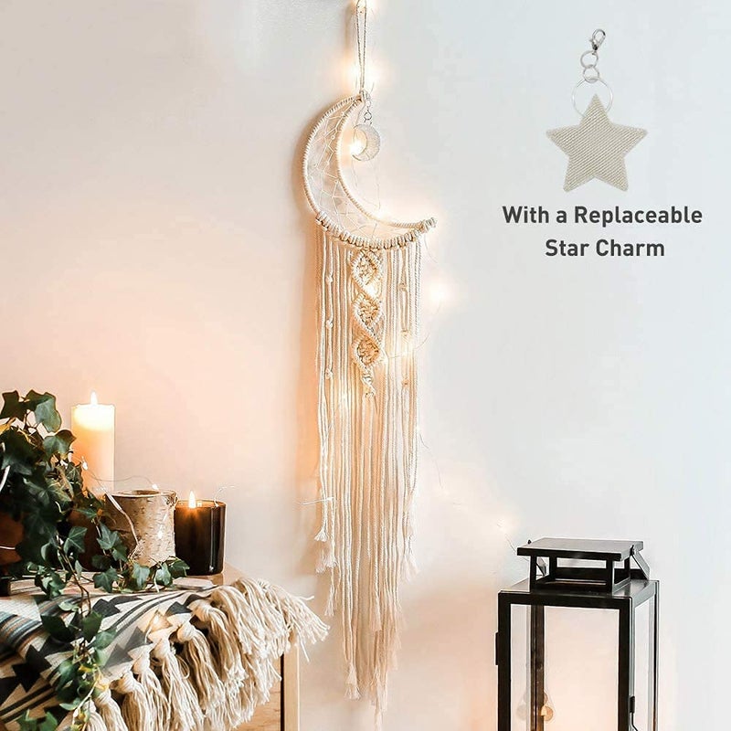 ANROYE Boho Macrame Woven Wall Hanging Crochet Crescent Moon Star Dream Catcher with Long Tassel White Cotton Handmade Bohemian Home Decor Decoration Art Craft for Kids Bedroom Dorm Room 
