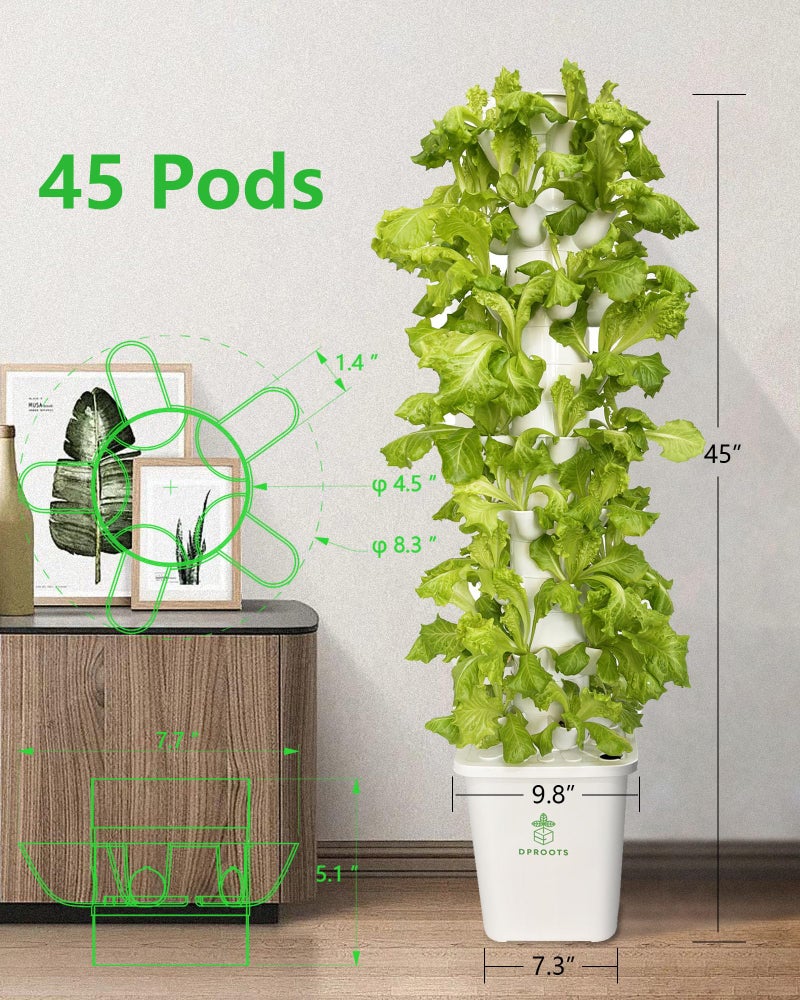 DPROOTS Hydroponic Tower Growing Systemï¼Œ45 Pods Vertical Gardenï¼ŒSuitable for Indoor and Greenhouse, Grow Herbs and Vegetablesï¼ŒHouseplant Farming with Water Circulation and Automatic Timer - Image 2