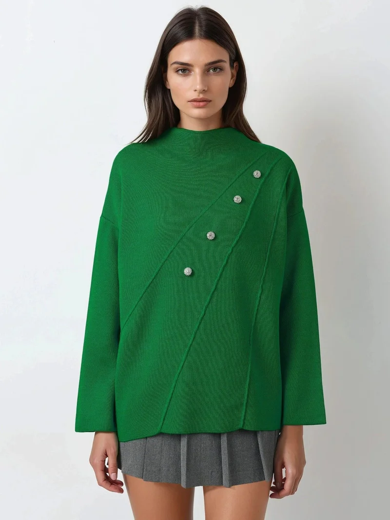 My Fashion Pine Green MY FASHION Button Detailed Knit Sweater for Women | Best Price UAE