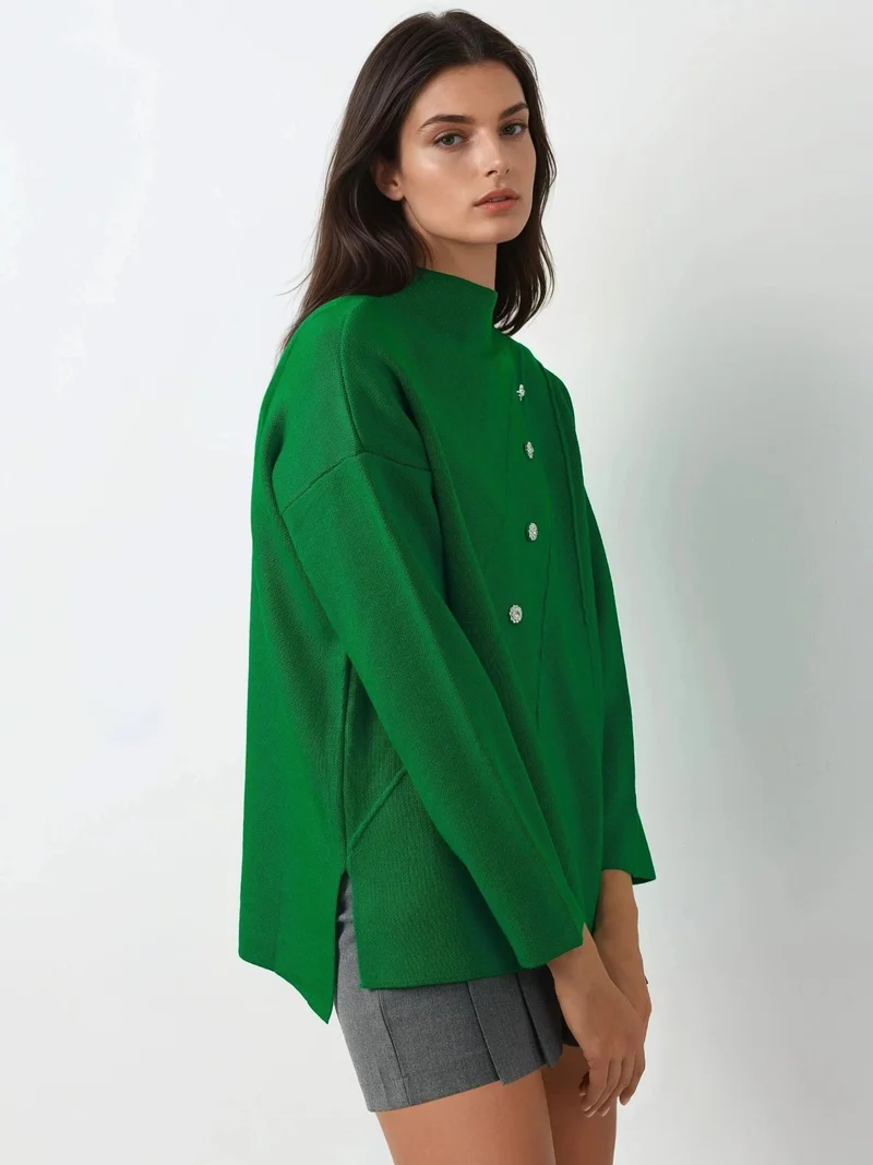 My Fashion Pine Green MY FASHION Button Detailed Knit Sweater for Women | Best Price UAE
