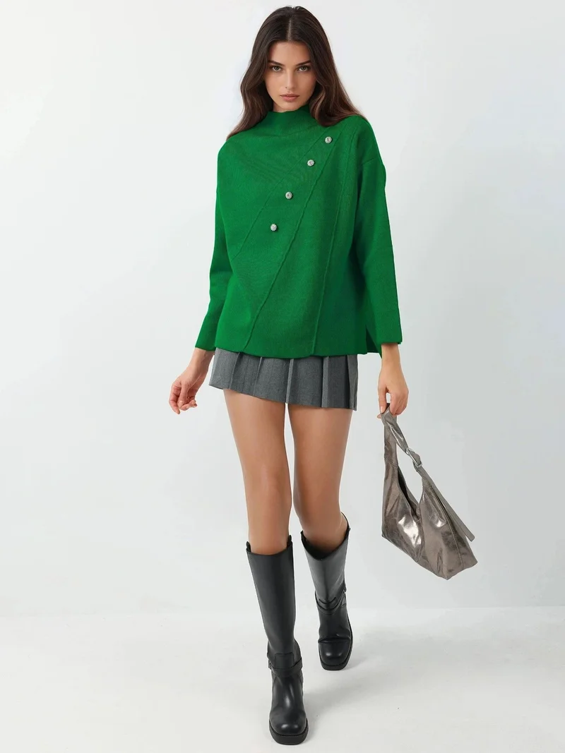 My Fashion Pine Green MY FASHION Button Detailed Knit Sweater for Women | Best Price UAE