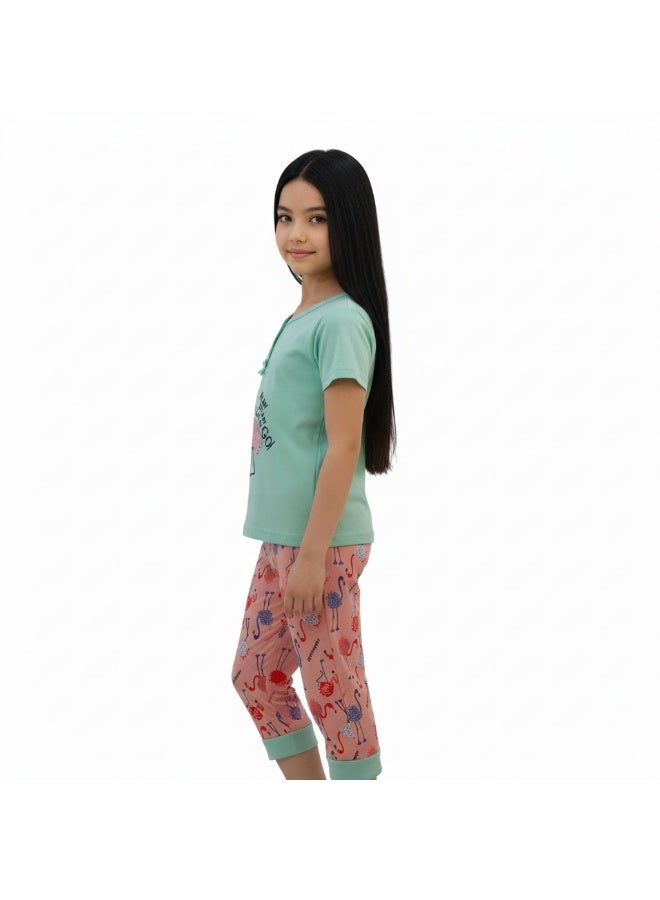 جوانا طقم بناتي بطبعة فلامنغو، قميص بأكمام قصيرة وبنطال كابري، أخضر نعناعي/زهري - Image 5