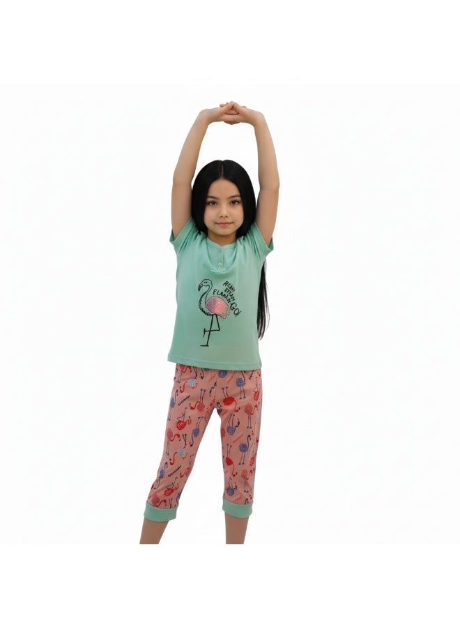 جوانا طقم بناتي بطبعة فلامنغو، قميص بأكمام قصيرة وبنطال كابري، أخضر نعناعي/زهري - Image 3