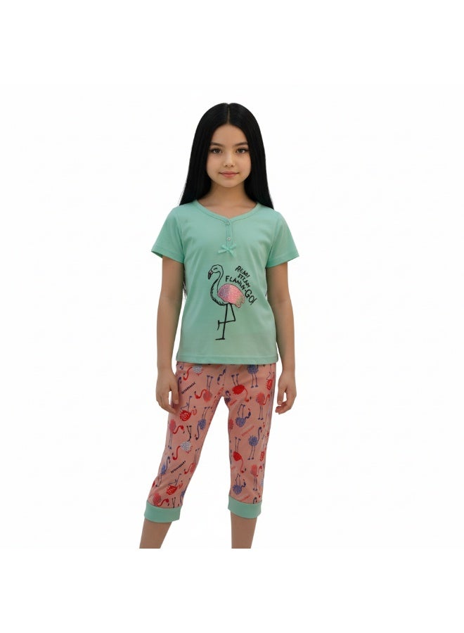 جوانا طقم بناتي بطبعة فلامنغو، قميص بأكمام قصيرة وبنطال كابري، أخضر نعناعي/زهري - Image 1