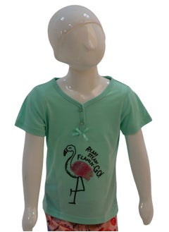 JOANNA JOANNA Girl's Flamingo Print Short Sleeve Shirt & Capri Pants Set, Mint Green/Pink  - Image 2