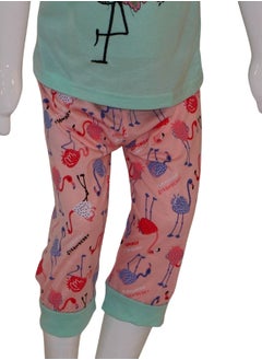 JOANNA JOANNA Girl's Flamingo Print Short Sleeve Shirt & Capri Pants Set, Mint Green/Pink  - Image 3