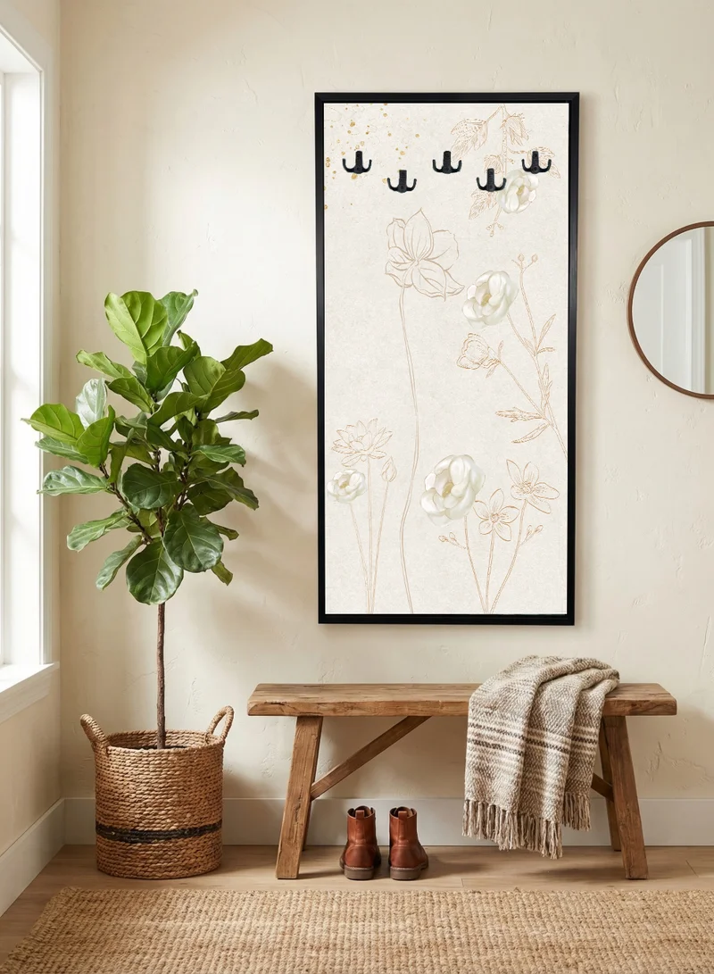 LOWHA Coat Rack Embedded in Floral Design Canvas Wall Art Stretched Over Wooden Frame with Black Floating Frame