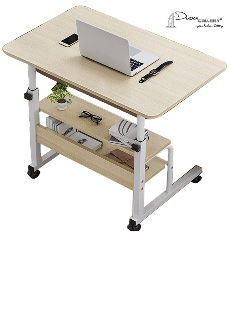 DubaiGallery مكتب كمبيوتر بجوار السرير، طاولة كمبيوتر محمولة قابلة للرفع والتعديل مع بكرة، إطار خشبي + فولاذي، مكتب كتابة وعمل على الطراز الحديث - Image 1