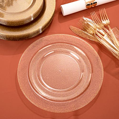 I00000 102PCS Gold Glitter Plastic Plates, Gold Glitter Disposable Plates Clear Plastic Party Plate Include 51 Dinner Plate 10.25" and 51 Dessert Plate 7.5" for Parties &Wedding - Image 2