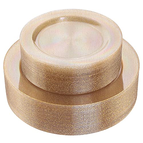 I00000 102PCS Gold Glitter Plastic Plates, Gold Glitter Disposable Plates Clear Plastic Party Plate Include 51 Dinner Plate 10.25" and 51 Dessert Plate 7.5" for Parties &Wedding - Image 1
