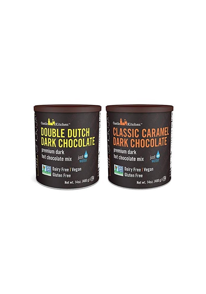 Natural Hot Chocolate Mix Variety Pack - Dairy-Free, Vegan Complete Mixes - Just Add Water - Pack of 2 (Classic Caramel Dark Chocolate & Double Dutch Dark Chocolate) 14 oz Each - Image 1