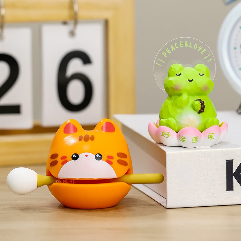 Cute Emotion Lotus Figurine Desk Decor Lucky Lotus + Gongde small wooden fish [orange cat]] 