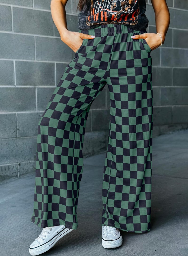 Acelitt Women's Casual Checkered Pants 2026 Spring Summer Lightweight Elastic Waist Comfy Loose Wide Leg Plaid Beach Pants Trousers Vacation Outfits Green X-Large - Image 4