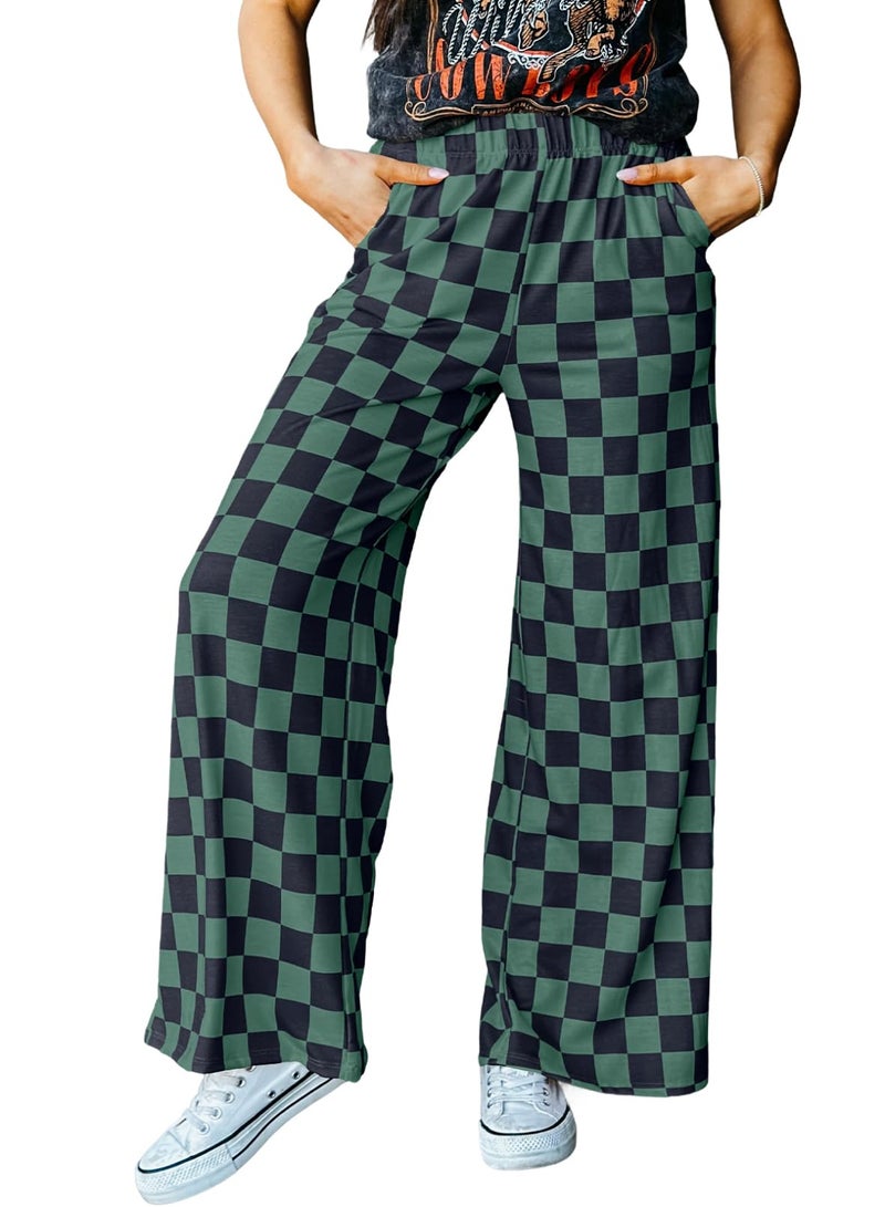 Acelitt Women's Casual Checkered Pants 2026 Spring Summer Lightweight Elastic Waist Comfy Loose Wide Leg Plaid Beach Pants Trousers Vacation Outfits Green X-Large - Image 1