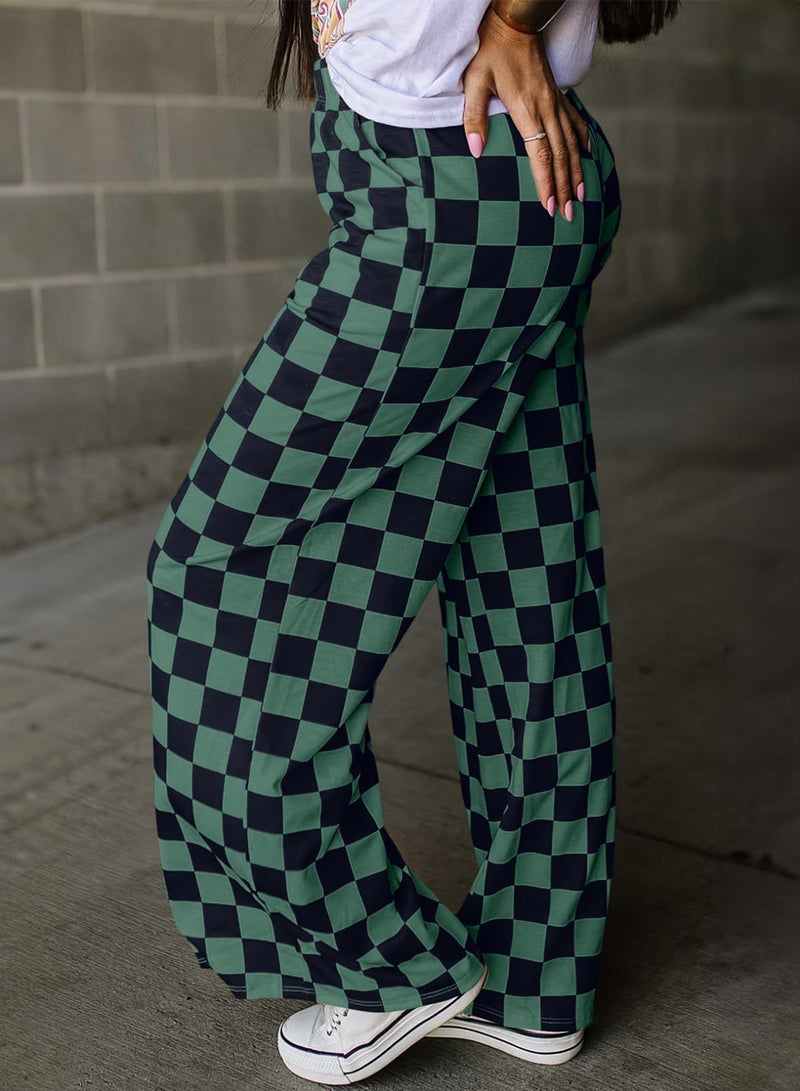 Acelitt Women's Casual Checkered Pants 2026 Spring Summer Lightweight Elastic Waist Comfy Loose Wide Leg Plaid Beach Pants Trousers Vacation Outfits Green X-Large - Image 3