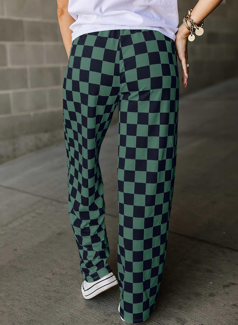 Acelitt Women's Casual Checkered Pants 2026 Spring Summer Lightweight Elastic Waist Comfy Loose Wide Leg Plaid Beach Pants Trousers Vacation Outfits Green X-Large - Image 2