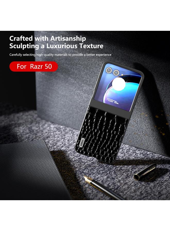 اس-توب جراب لهاتف Motorola Razr 50 من ABEEL مصنوع من الجلد الطبيعي بنقشة جلد التمساح وحافة سوداء - Image 3
