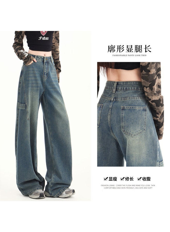 Jeanswest Retro Blue Straight-leg Structural Slimming Wide-leg Pants Long Pants - Image 3