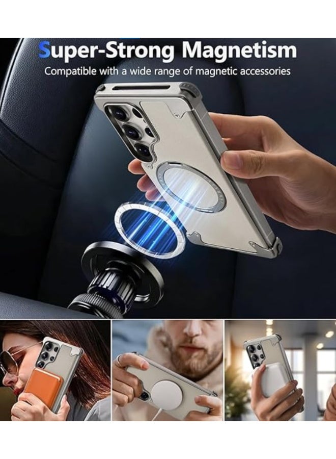 for Samsung Galaxy S25 Ultra Case, Sleek Minimalist Protective Shock Absorption Aerospace Grade Aluminum Shells with Leather Back Built-in Kickstand, Natural Titanium | WIDGETS MATRIX - Image 2