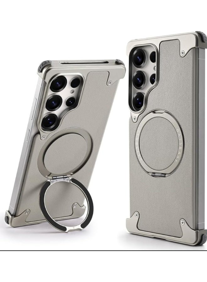 for Samsung Galaxy S25 Ultra Case, Sleek Minimalist Protective Shock Absorption Aerospace Grade Aluminum Shells with Leather Back Built-in Kickstand, Natural Titanium | WIDGETS MATRIX - Image 1