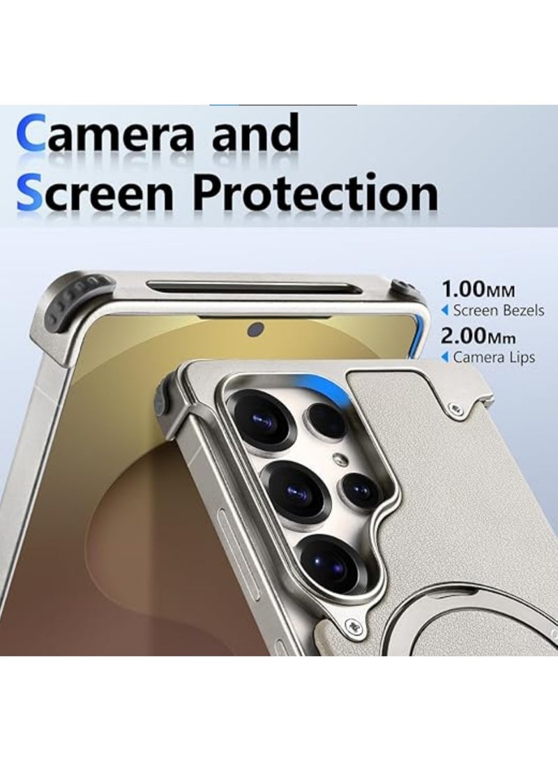 for Samsung Galaxy S25 Ultra Case, Sleek Minimalist Protective Shock Absorption Aerospace Grade Aluminum Shells with Leather Back Built-in Kickstand, Natural Titanium | WIDGETS MATRIX - Image 5