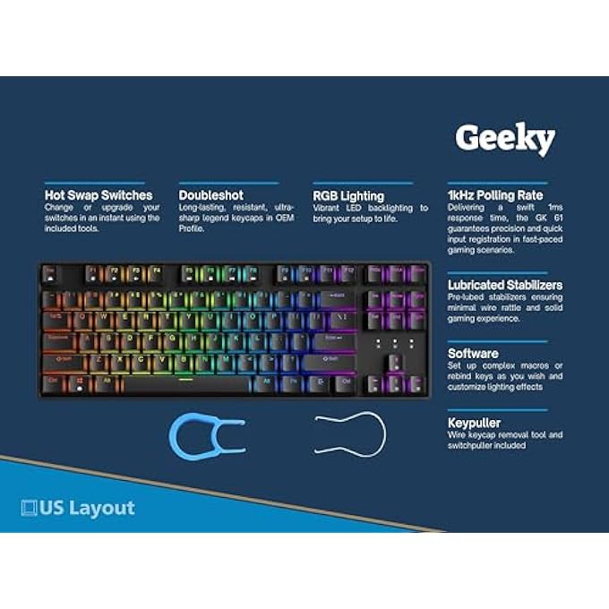 Geeky GK80 TENKEYLESS | HOT SWAPPABLE MECHANICAL GAMING KEYBOARD | 87 KEYS MULTICOLOR RGB LED BACKLIT FOR GAMING PC/MAC | ANSI US AMERICAN KEYBOARD (BLACK, MECHANICAL BLACK) - Image 2
