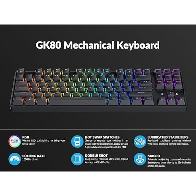Geeky GK80 TENKEYLESS | HOT SWAPPABLE MECHANICAL GAMING KEYBOARD | 87 KEYS MULTICOLOR RGB LED BACKLIT FOR GAMING PC/MAC | ANSI US AMERICAN KEYBOARD (BLACK, MECHANICAL BLACK) - Image 3